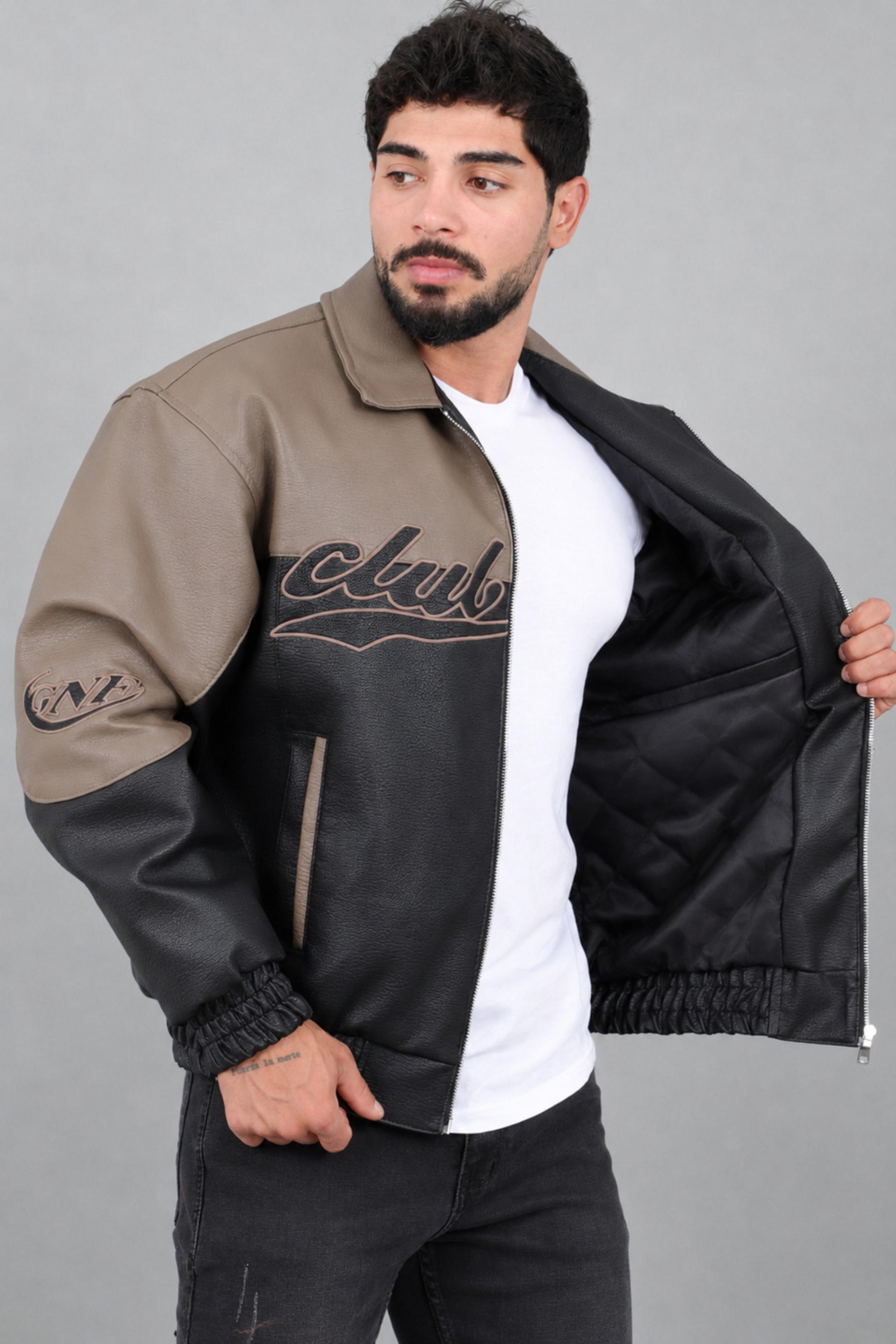 Baskılı Çift Renk Oversize Suni Deri Mont KMD 882_50531