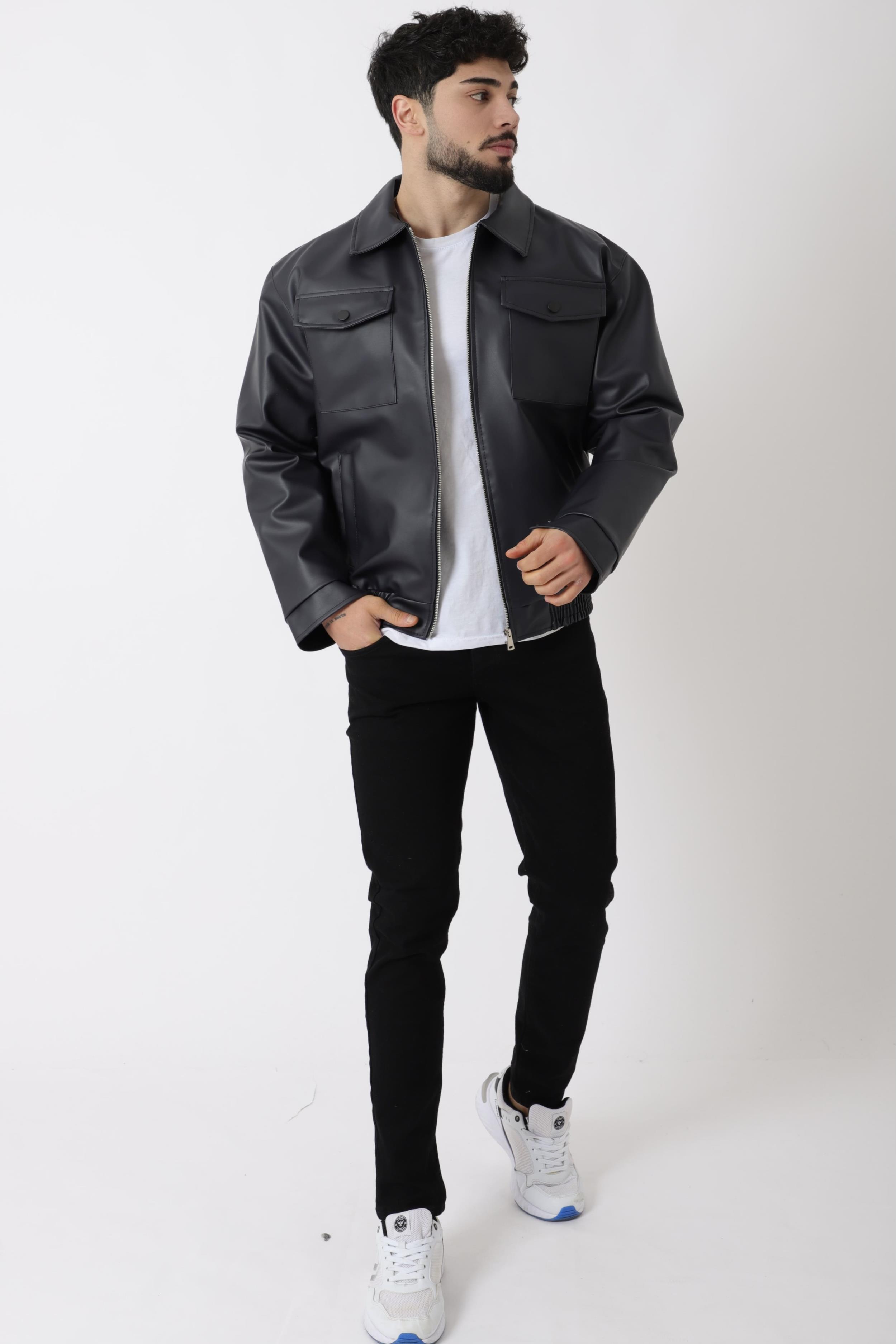 Bel Lastikli Kapaklı Oversize Suni Deri Mont PLDP 2998_50447