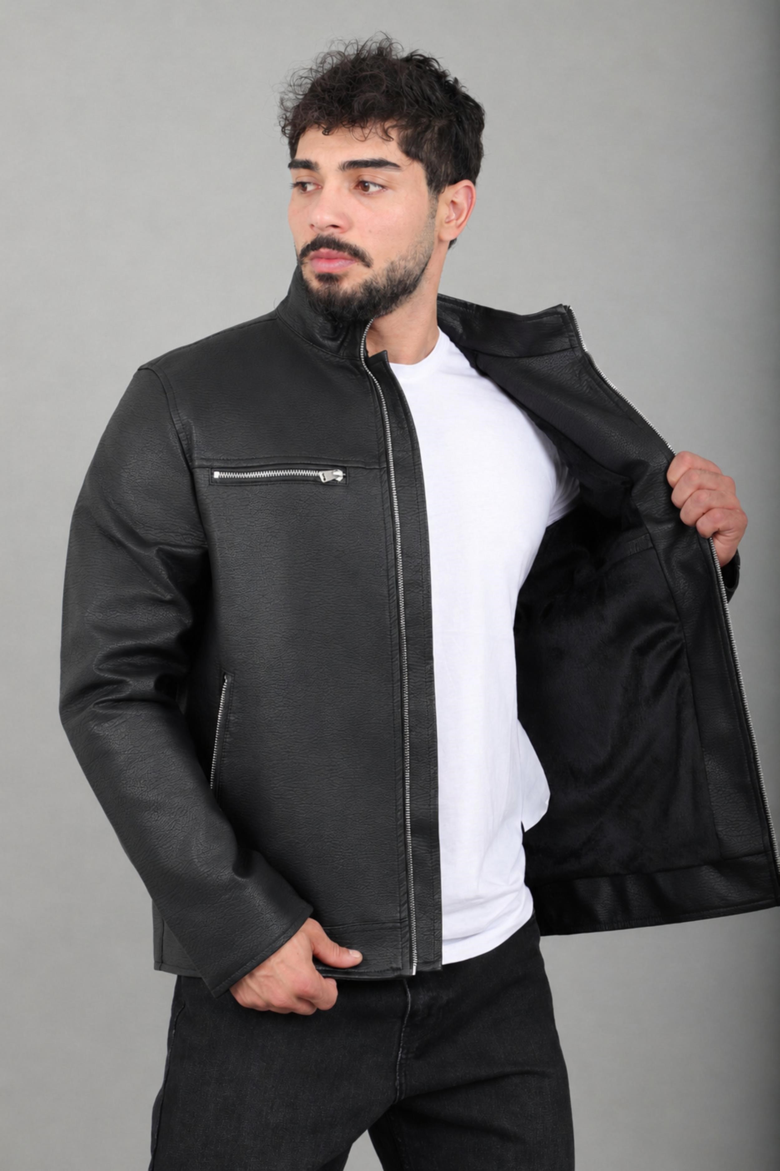 Çift Göğüs Fermuarlı Dik Yaka Suni Deri Mont KMD 819_50516