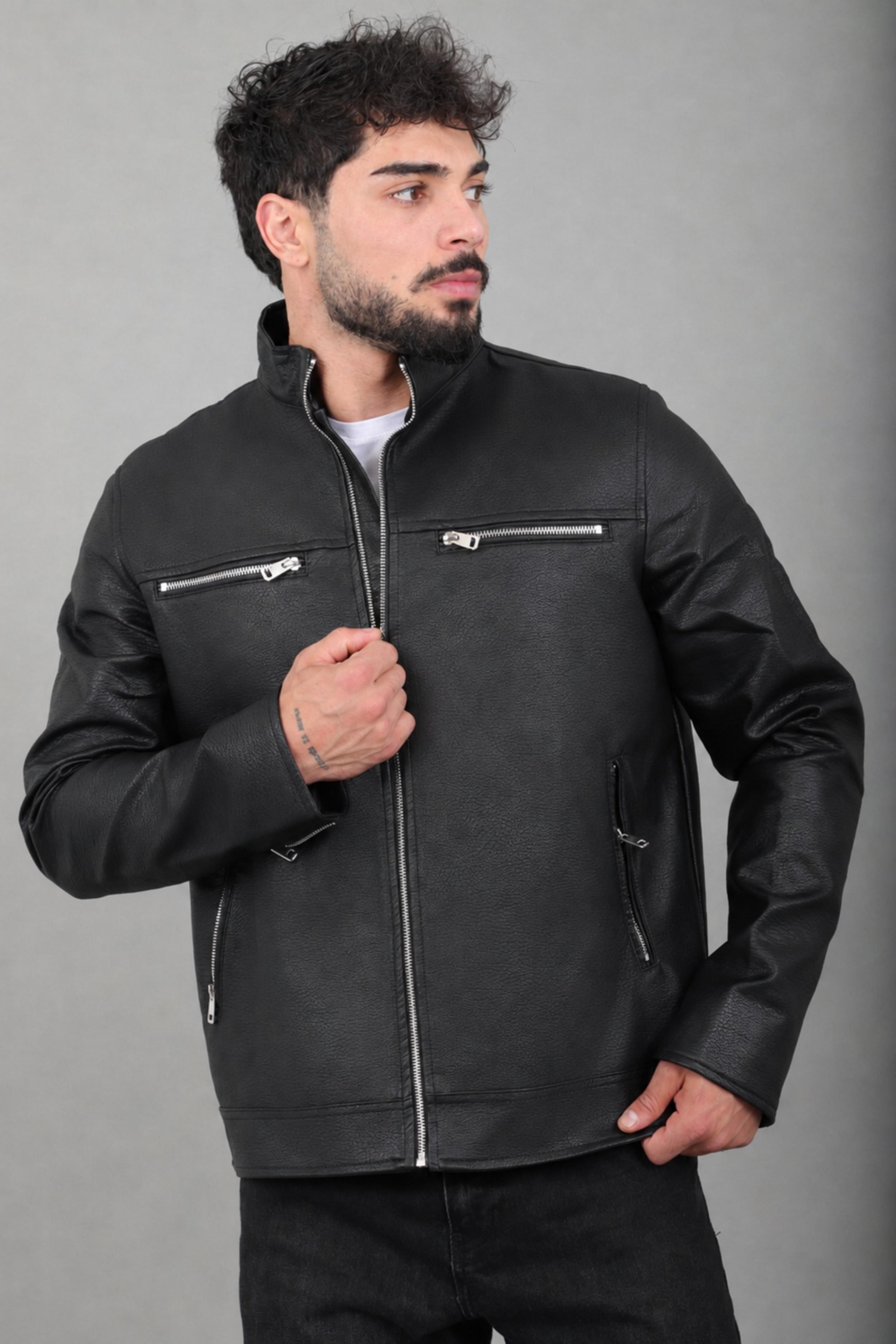 Çift Göğüs Fermuarlı Dik Yaka Suni Deri Mont KMD 819_50516