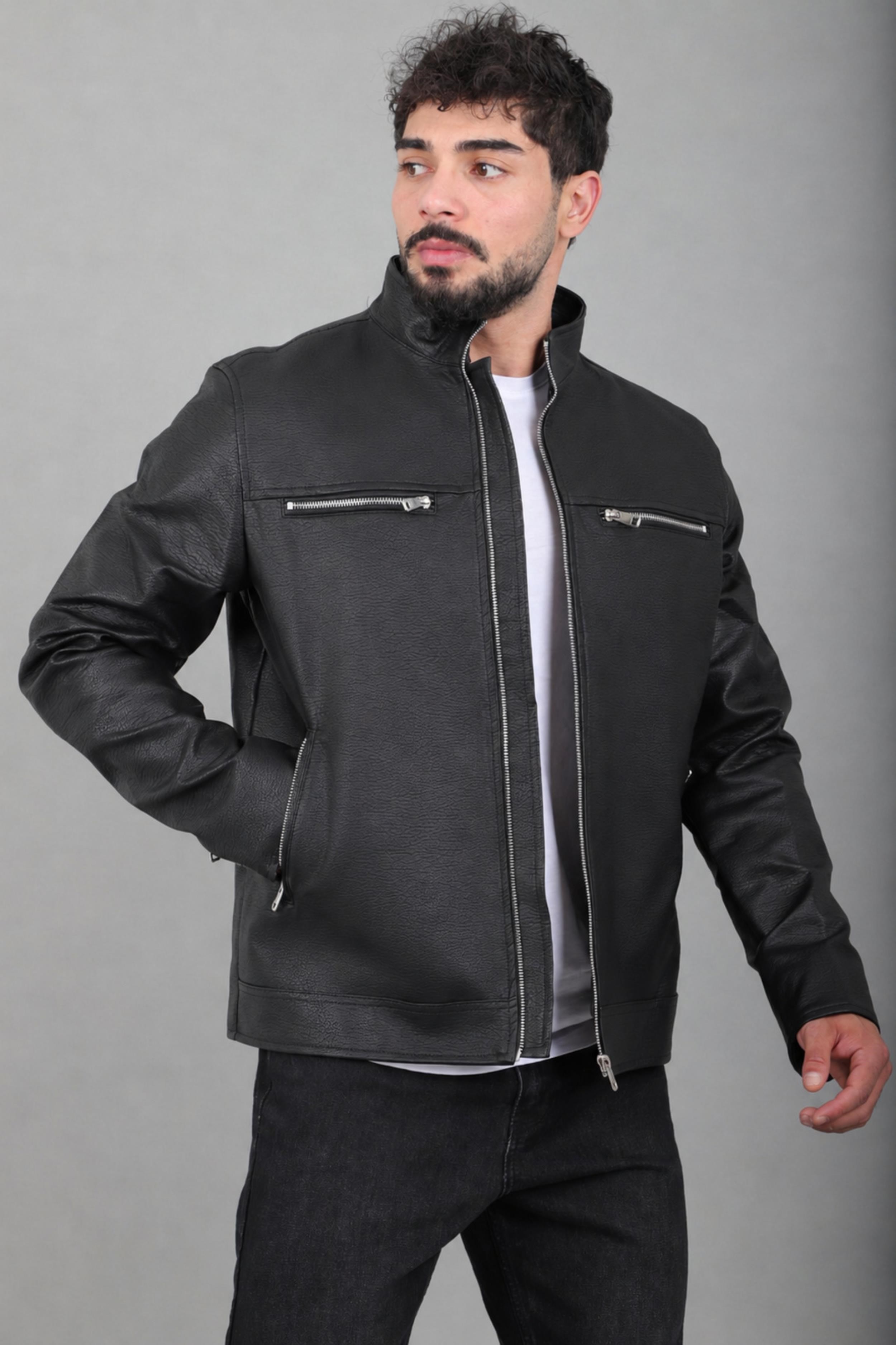 Çift Göğüs Fermuarlı Dik Yaka Suni Deri Mont KMD 819_50516