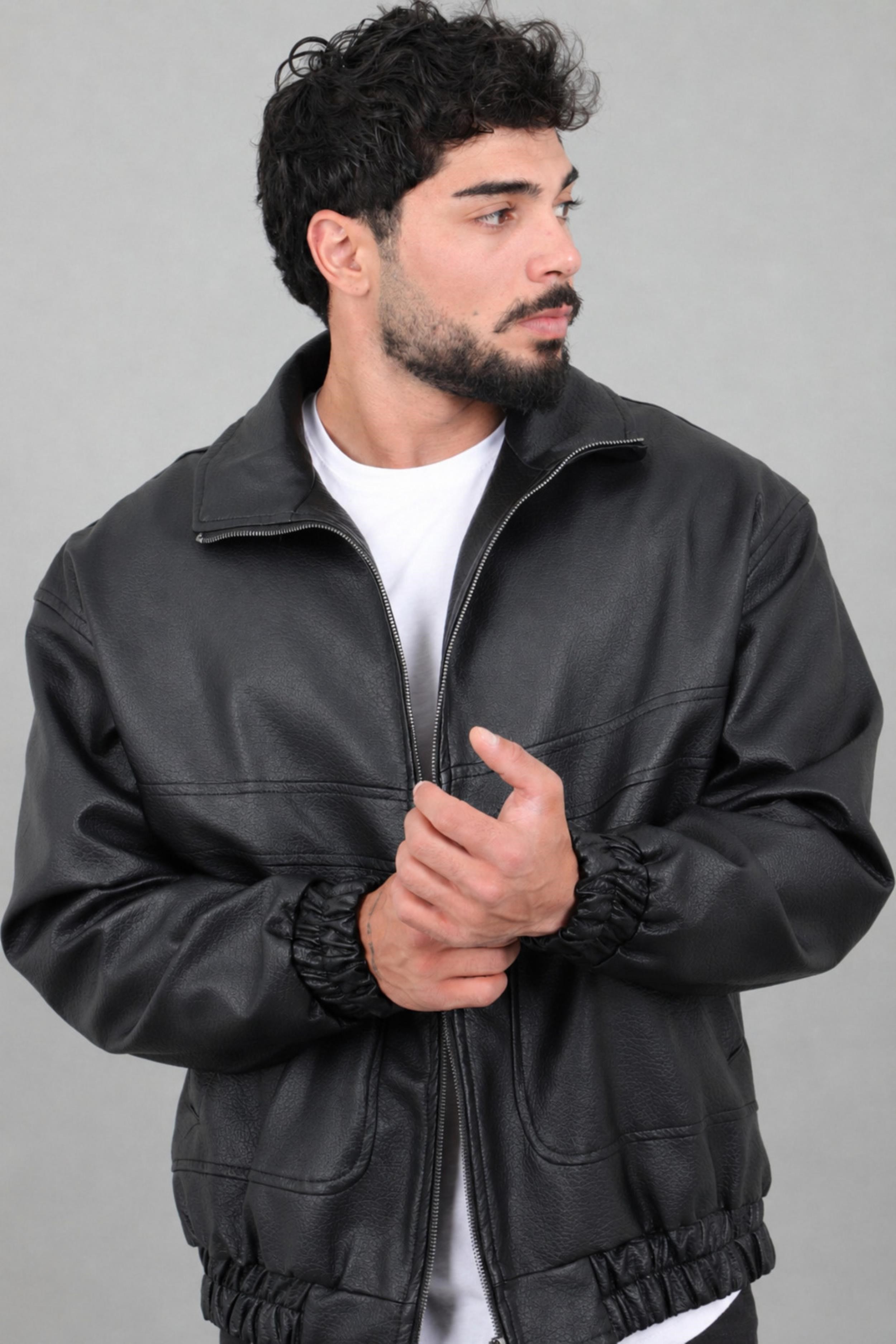 Oversize Dik Yaka Desenli Suni Deri Mont KMD 881_50529
