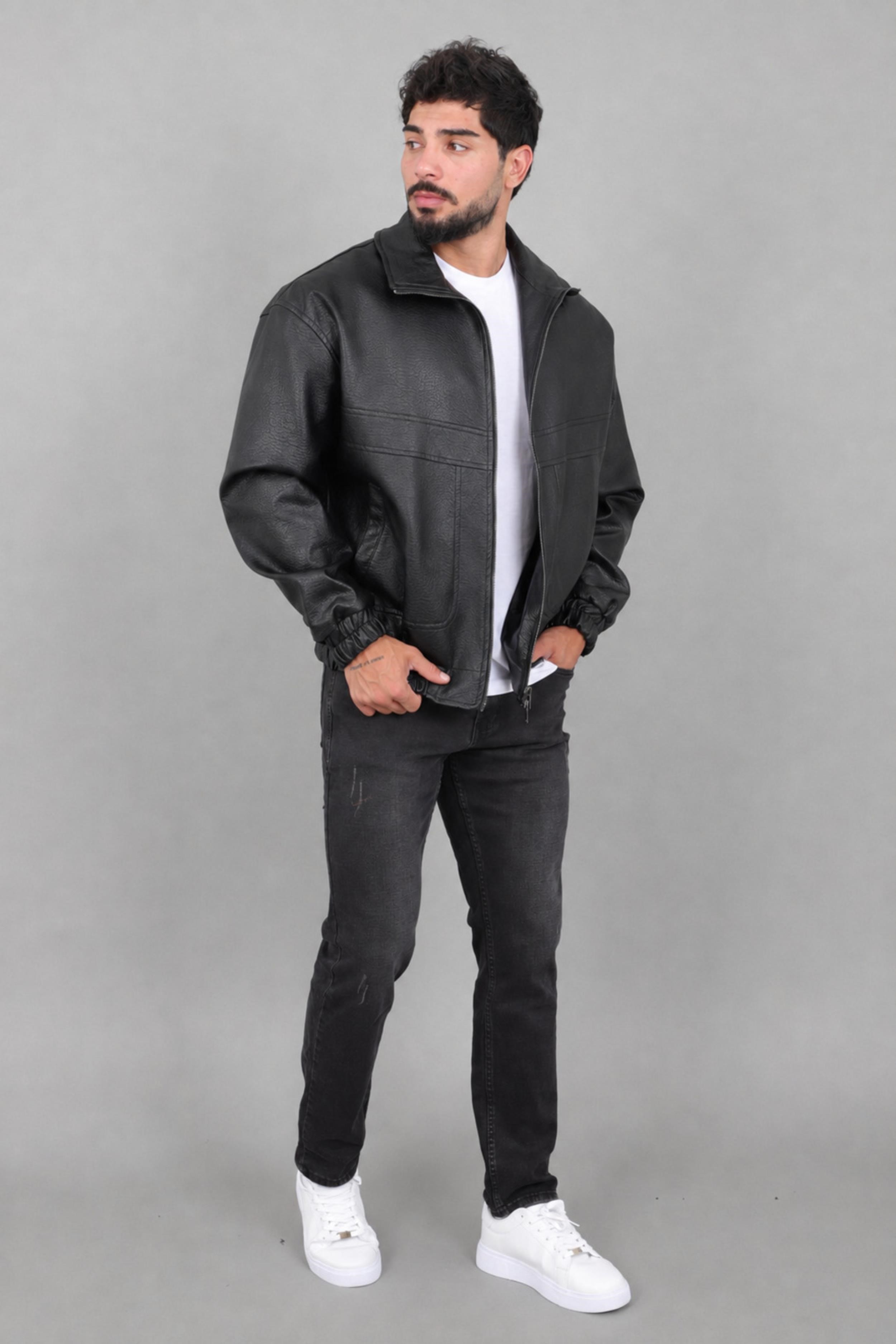 Oversize Dik Yaka Desenli Suni Deri Mont KMD 881_50529