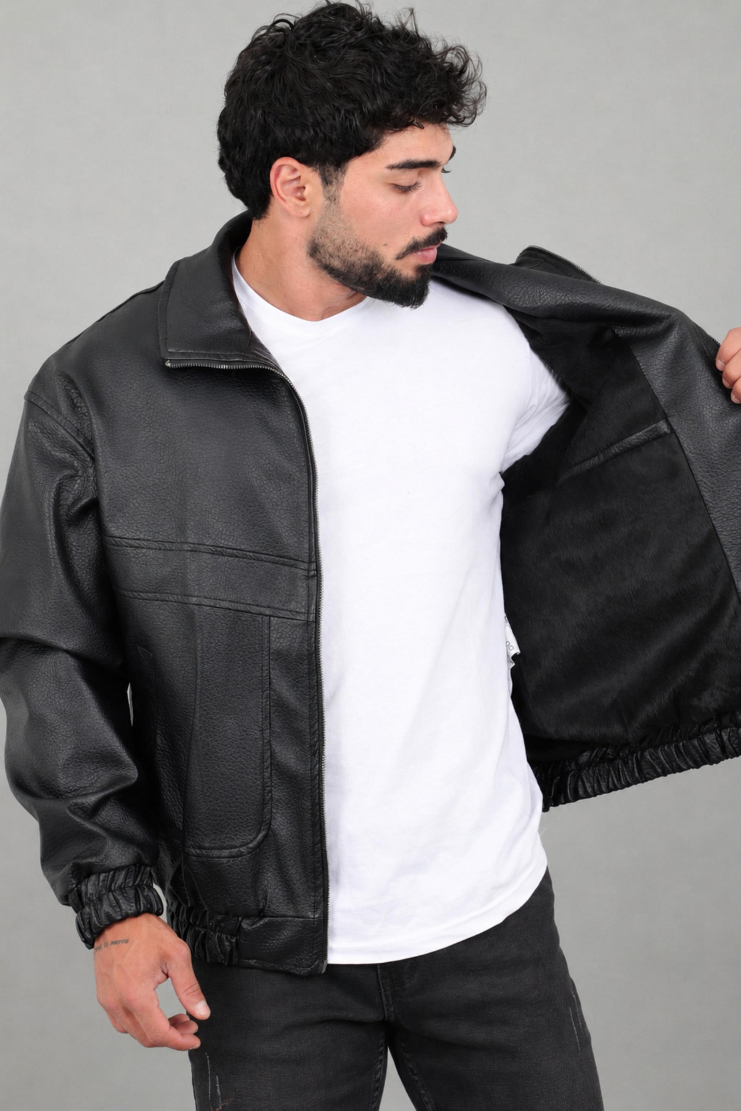 Oversize Dik Yaka Desenli Suni Deri Mont KMD 881_50529