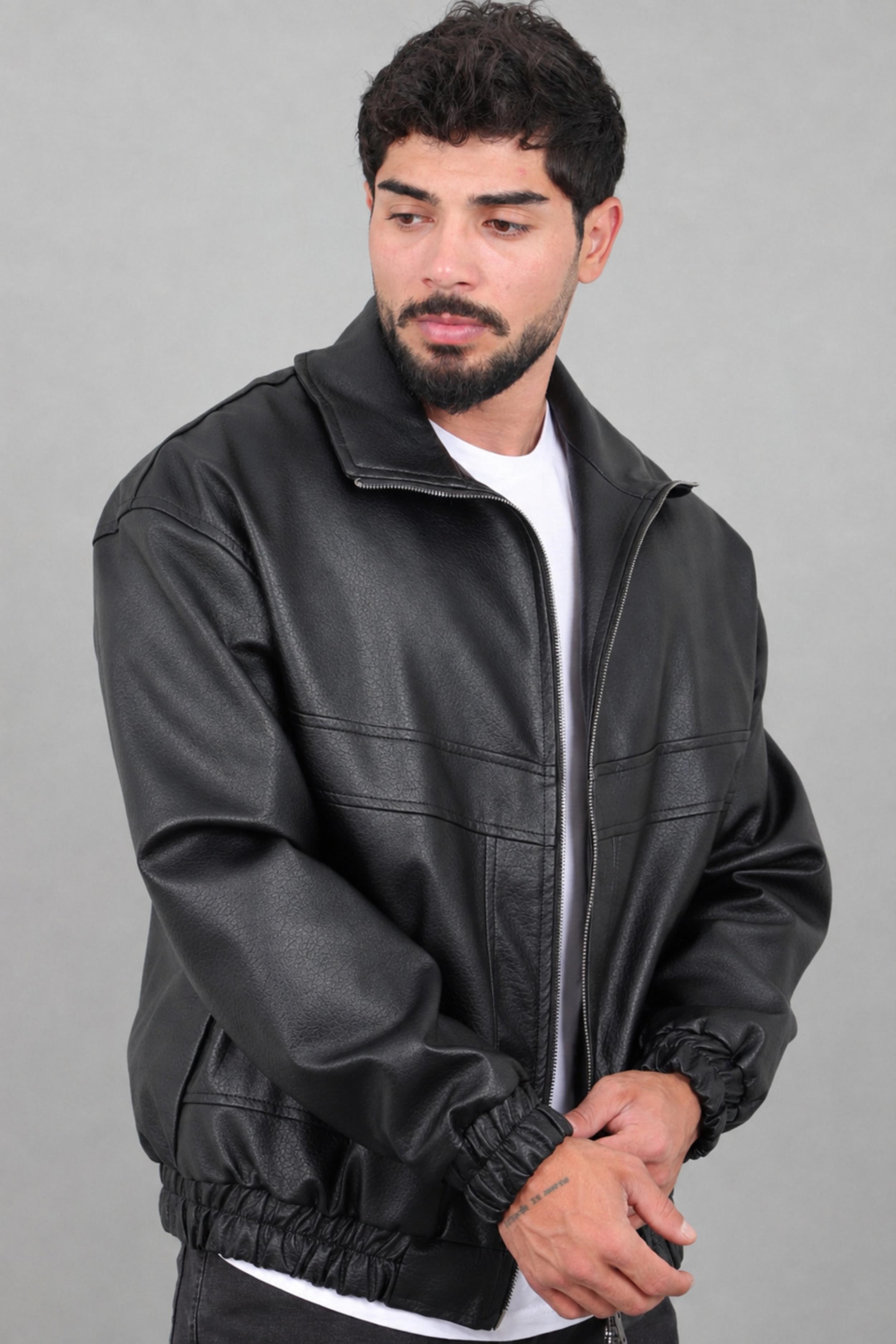 Oversize Dik Yaka Desenli Suni Deri Mont KMD 881
