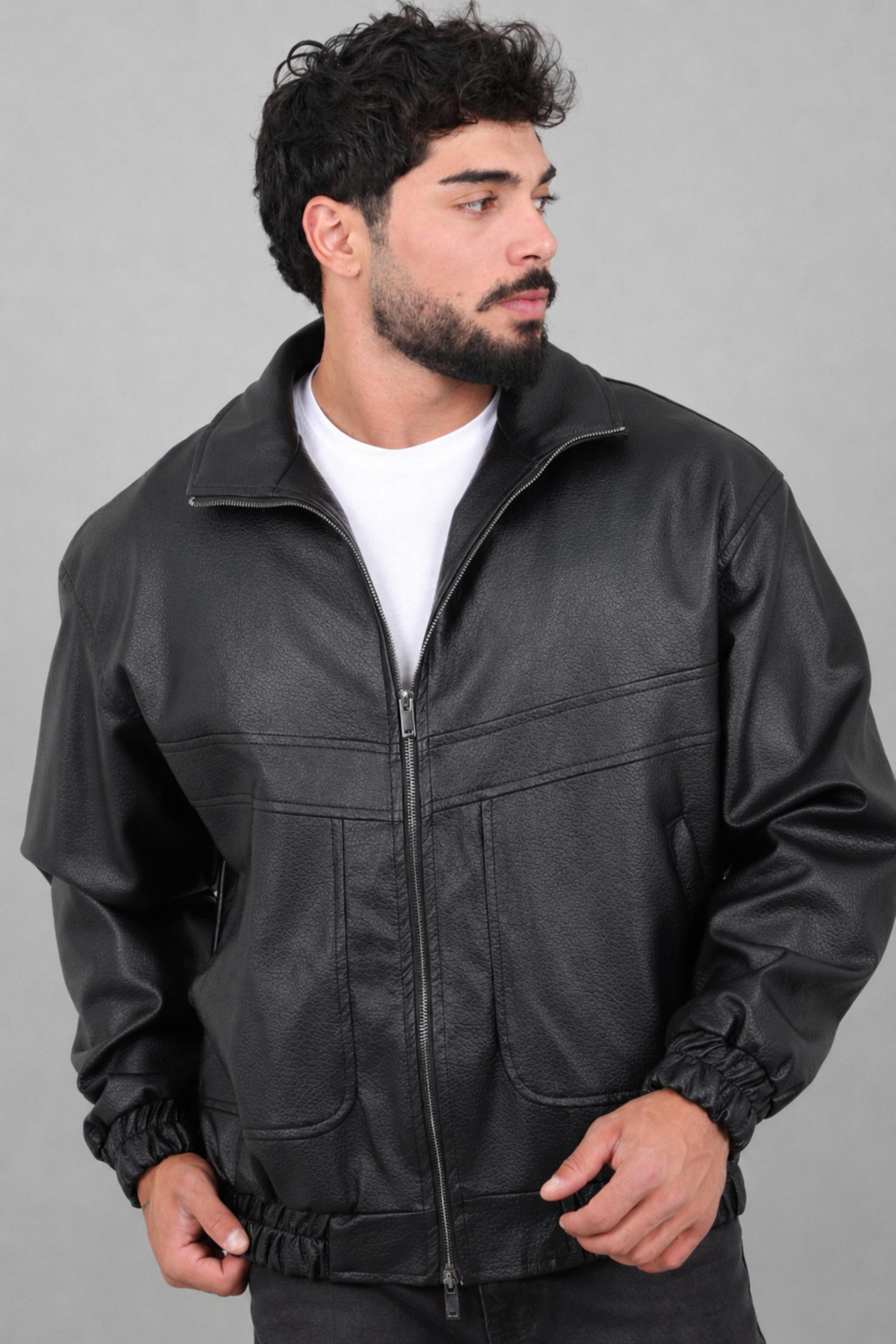 Oversize Dik Yaka Desenli Suni Deri Mont KMD 881
