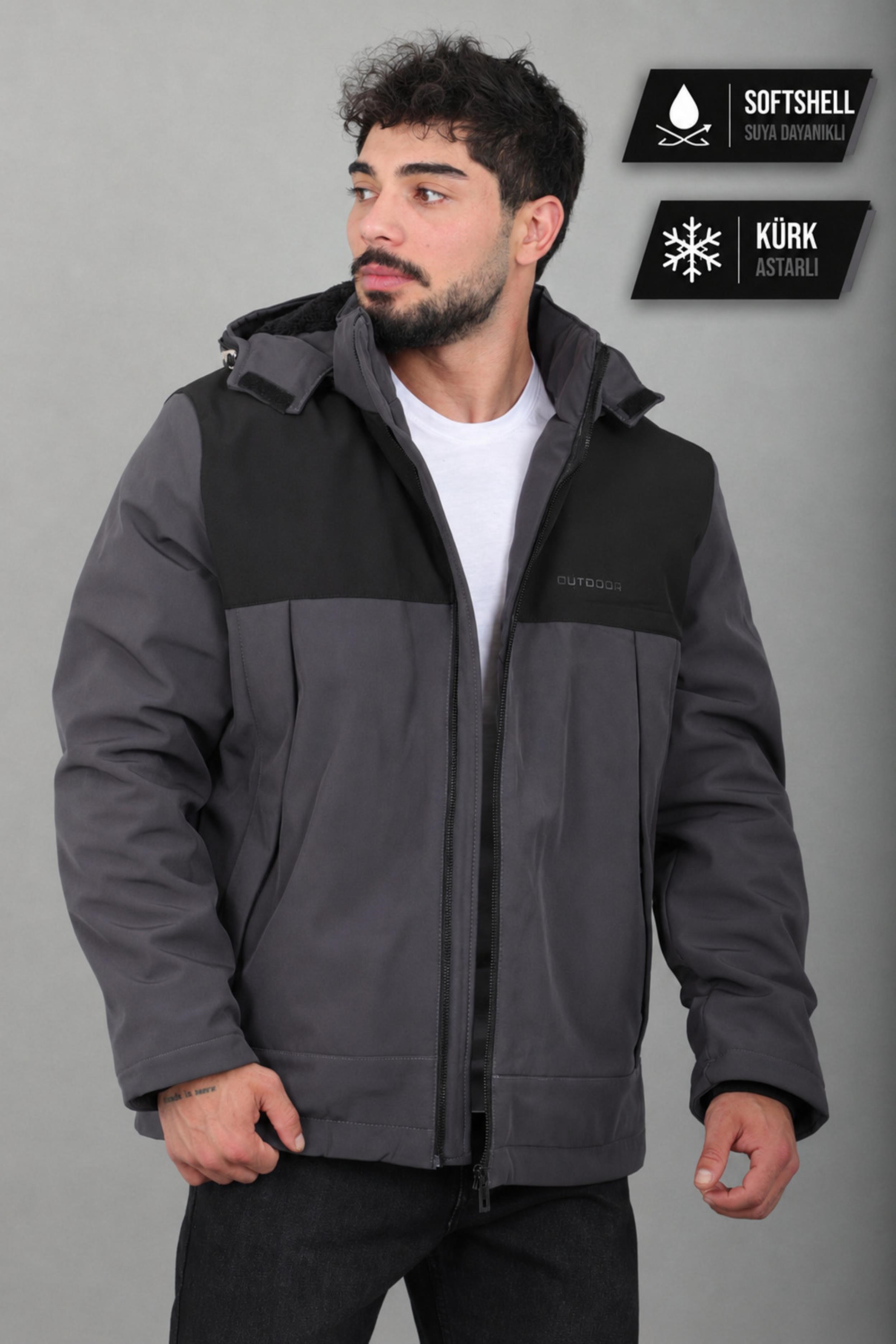 Parçalı İçi Kürklü Softsheel Kışlık Mont KMD 889