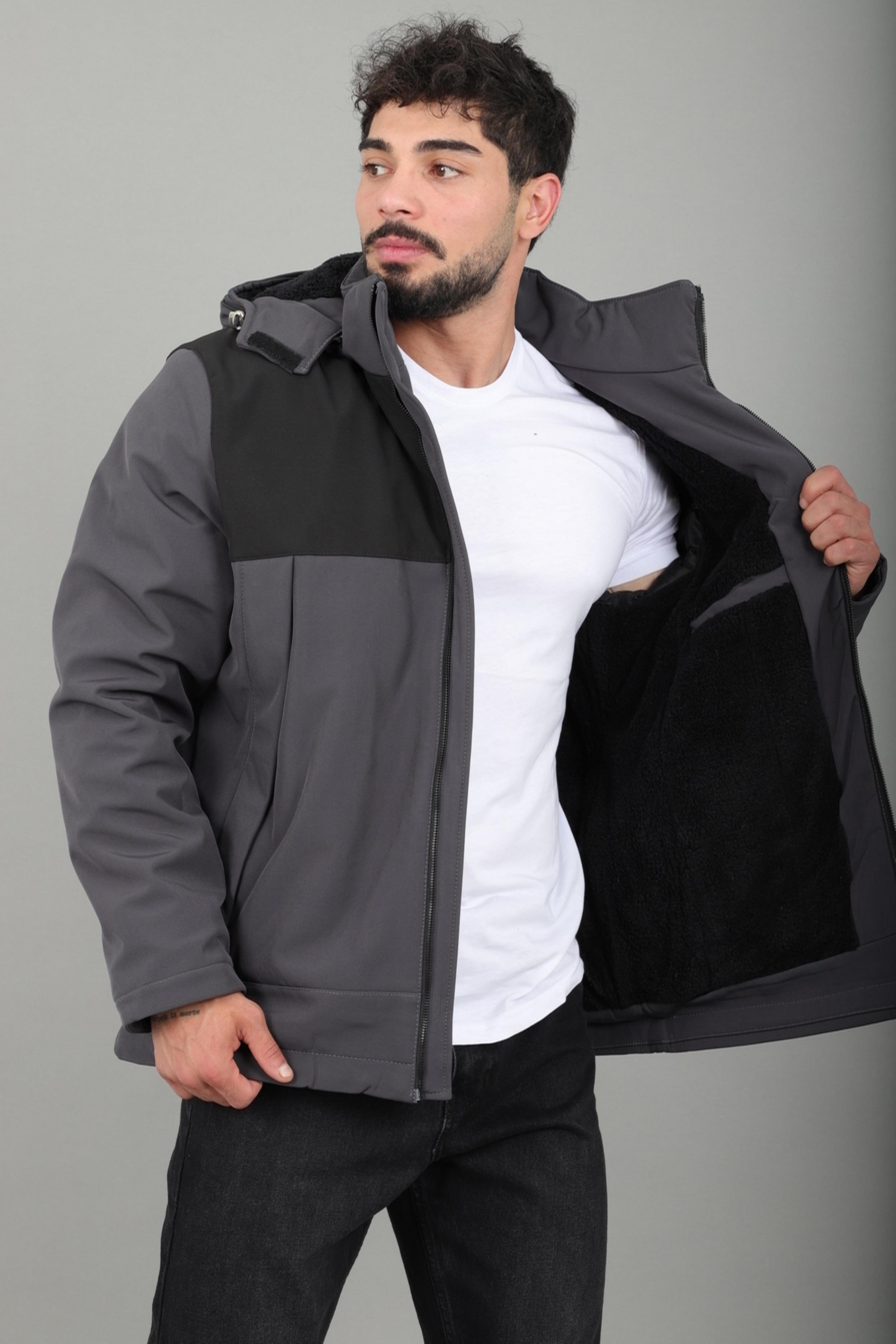 Parçalı İçi Kürklü Softsheel Kışlık Mont KMD 889_50523