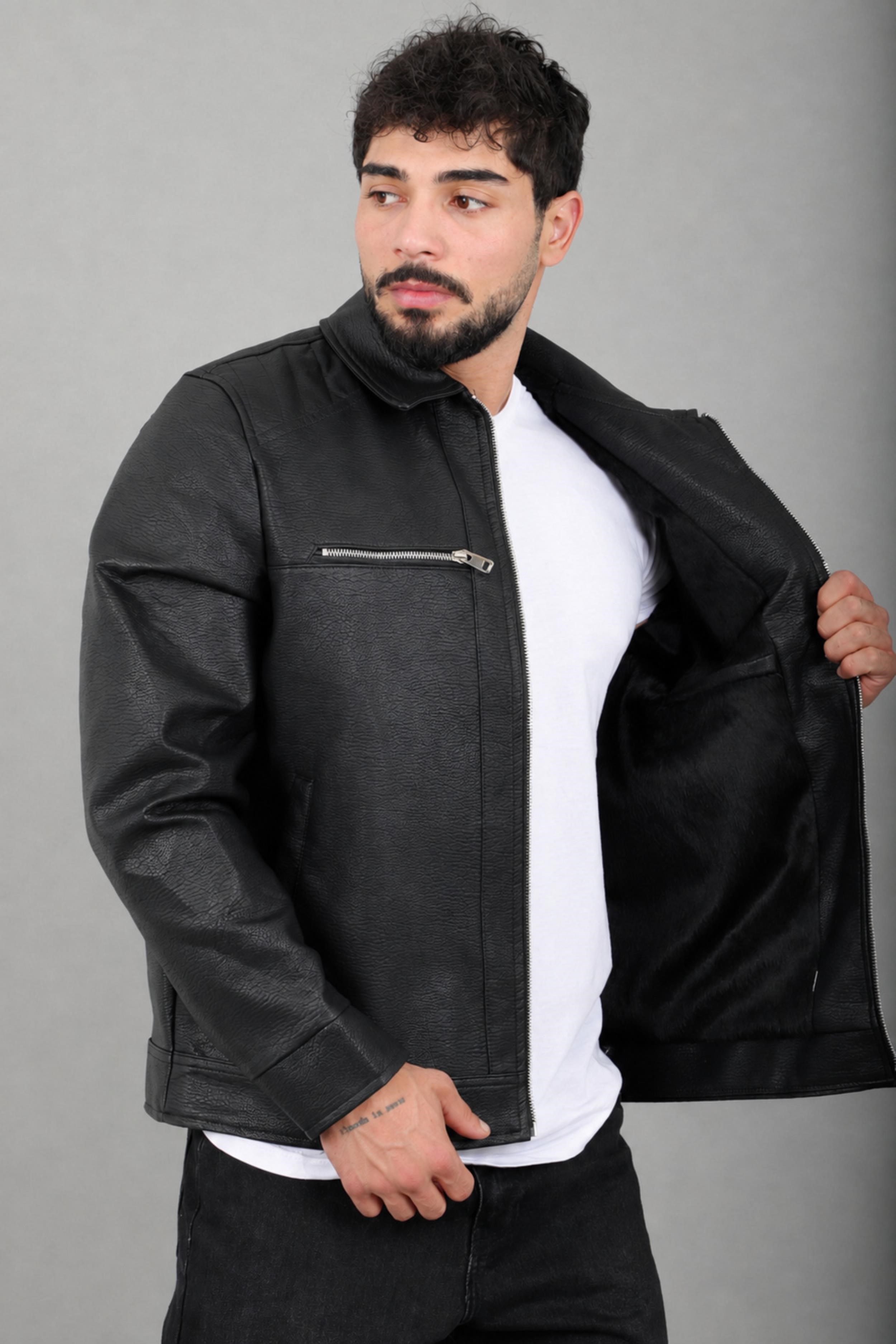 Yakalı Göğüs Cepli Suni Deri Mont KMD 879_50521