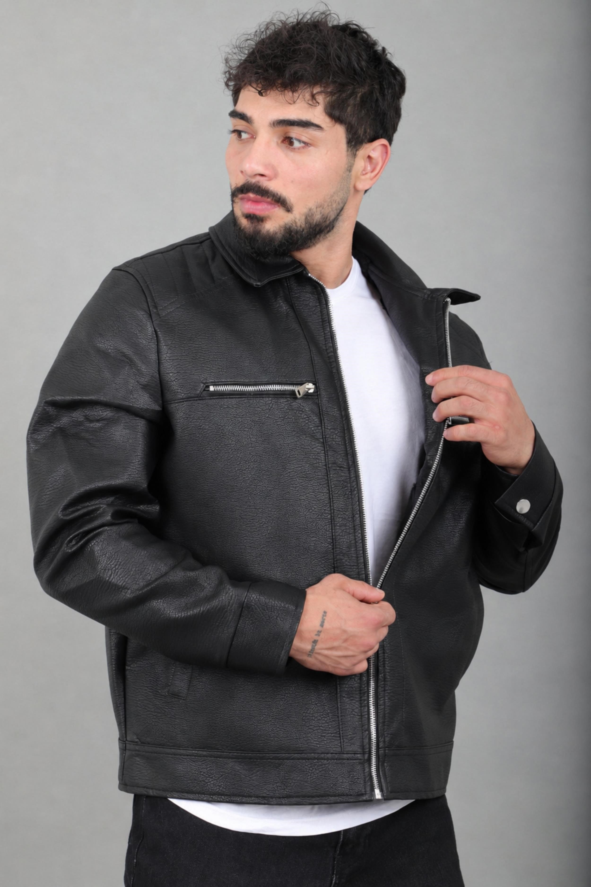 Yakalı Göğüs Cepli Suni Deri Mont KMD 879_50521