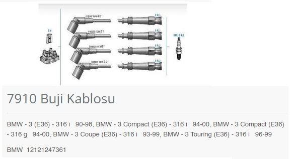 BUJİ KABLOSU BMW - 3 E36 - 316 İ 90-98. BMW - 3 CO MPACT E36 - 316 İ 94-00. BMW - 3 COMPACT E36 - 316 G 94-00. BMW - 3 COUPE E36 - 316 İ 93-99. BMW - 3 TOURİNG E36 - 316 İ 96-99