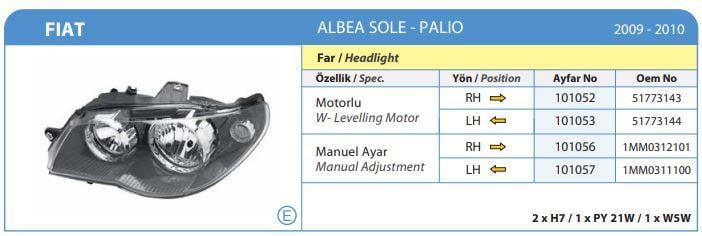 FAR KOMPLE SAĞ MANUEL FIAT ALBEA SOLE PALIOSIENA SİYAH ÇERÇEVELİ 2005-2007