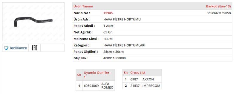 HAVA FİLTRE HORTUMU ALFA ROMEO 33 1.3 / 1.5 79 HP