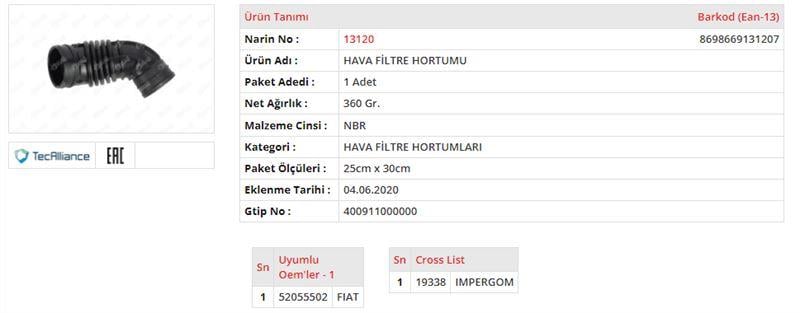 HAVA FİLTRE HORTUMU FIAT EGEA 1.3 MULTIJET 1.6 MJ