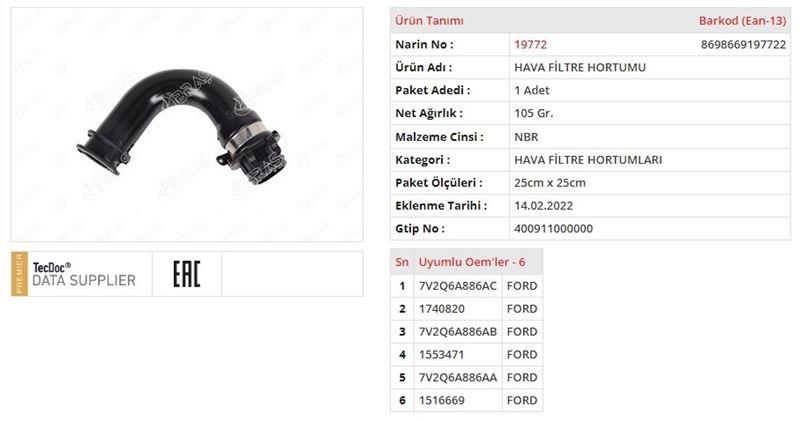 HAVA FİLTRE HORTUMU FORD FIESTA VI (CB1, CCN)FORD FIESTA VI VAN