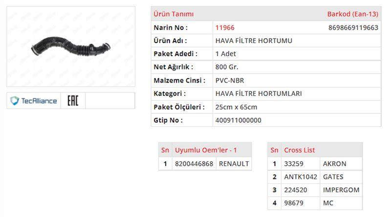 HAVA FİLTRE HORTUMU RENAULT CLIO III / MODUS 1.5DCI