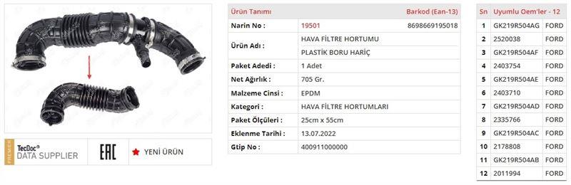 HAVA FİLTRE HORTUMUPLASTİK BORU HARİÇ FORD TOURNEO CUSTOM V362 MİNİBÜS/OTOBÜS (F3)FORD TRANSIT V363 MİNİBÜS/OTOBÜS (FAD, FBD)FORD TRANSIT V363 PANELVAN/VAN (FCD, FDD)FORD TRANSIT V363 PLATFORM ŞASİ (FED, FFD)