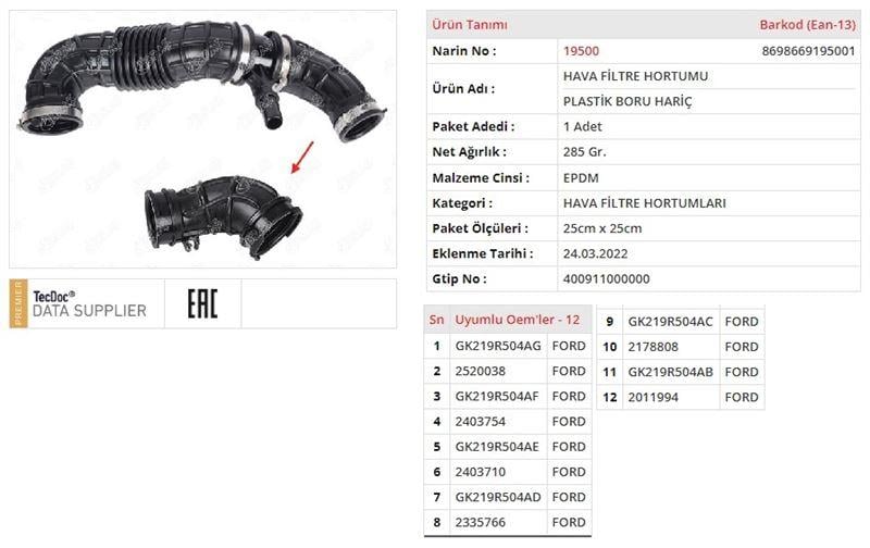 HAVA FİLTRE HORTUMUPLASTİK BORU HARİÇ FORD TOURNEO CUSTOM V362 MİNİBÜS/OTOBÜS (F3)FORD TRANSIT V363 MİNİBÜS/OTOBÜS (FAD, FBD)FORD TRANSIT V363 PANELVAN/VAN (FCD, FDD)FORD TRANSIT V363 PLATFORM ŞASİ (FED, FFD)