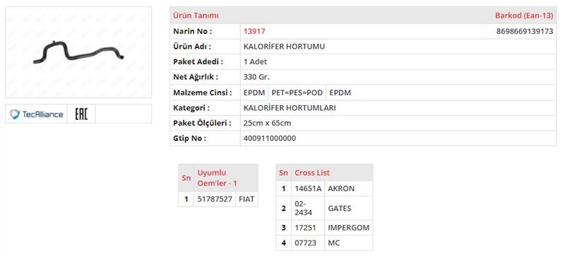 KALORİFER HORTUMU FIAT 500 1.2