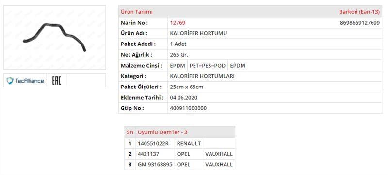 KALORİFER HORTUMU RENAULT MASTER III 2.3 DCI