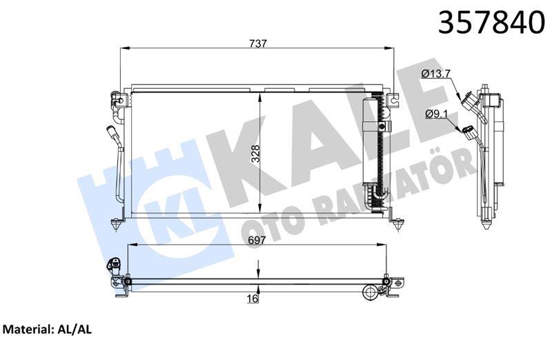 KLİMA RADYATÖRÜ MITSUBISHI LANCER VII 1.3 1.6 2.0 03<13 EVO IX-VII-VIII CT9A 05<07 KURUTUCUSUZ BRAZING AL/AL 677×328×16 AL/AL