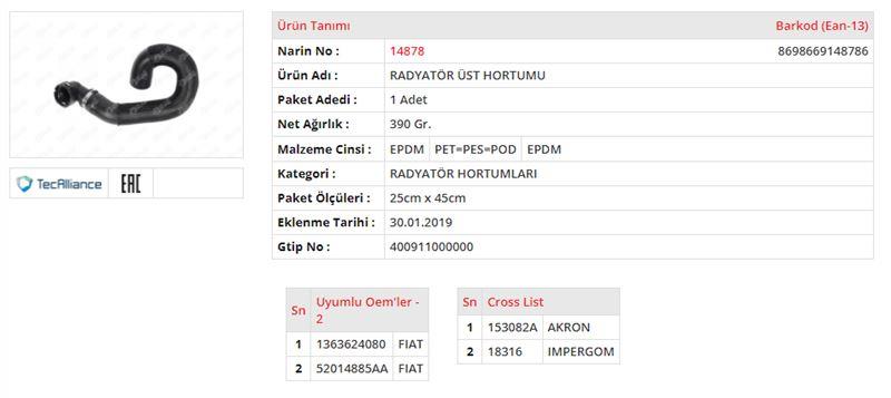 RADYATÖR HORTUMU ÜST FIAT DUCATO III 3.0 JTD / 150 HP - 160 HPFIAT DUCATO IV 3.0 JTD / 150 HP - 160 HP