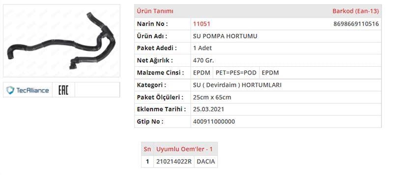 SU DEVİRDAİM HORTUMU DACIA DOKKER 1.5 DCİDACIA LOG AN II 1.5 DCİDACIA SANDERO II 1.5 DCİDACIA DUSTER II 1.5 DCİ