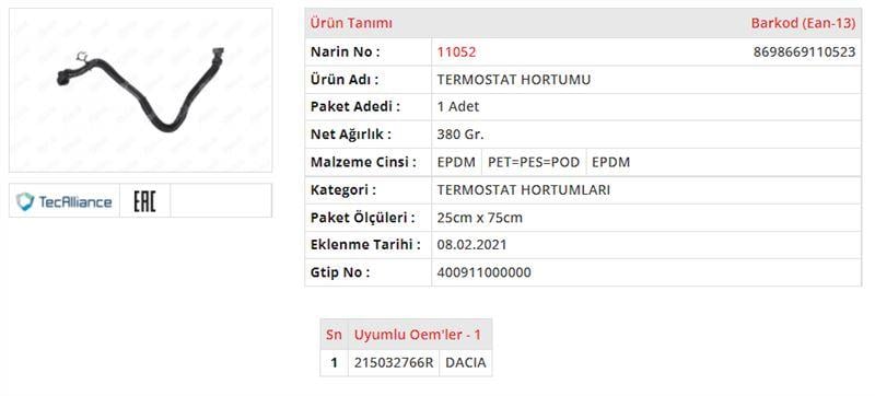 TERMOSTAT HORTUMU DACIA DOKKER 1.5 DCİDACIA LOGAN II 1.5 DCİDACIA SANDERO II 1.5 DCİDACIA DUSTER II 1.5 DCİ