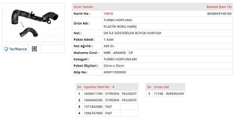 TURBO HORTUMU BÜYÜK PLASTİK PARÇA HARİÇ FIAT DUCATO III 2.2 JTD PEUGEOT BOXER III 2.2 HDI CITROEN JUMPER III 2.2 HDI