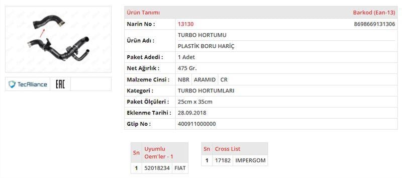 TURBO HORTUMU PLASTİK PARÇA HARİÇ FIAT EGEA 1.4 - 1.6