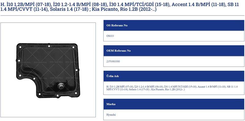 YAĞ KARTERİ HYUNDAİ İ10 1.2 MPİ İ20 1.2 1.4 ACCENT 1.4 SOLARIS KIA PICANTO 1.2B