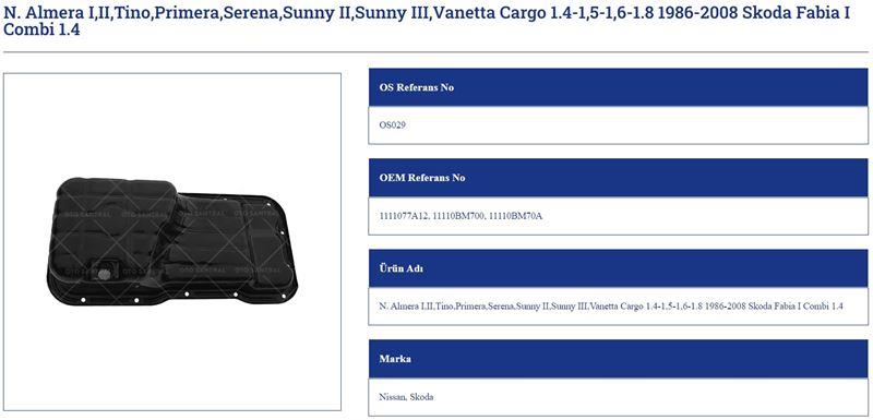 YAĞ KARTERİ NİSSAN ALMERA I.II.TİNO.PRİMERA.SERENA .SUNNY II.SUNNY III.VANETTA CARGO 1.4-1.5-1.6-1.8 1986-2008 FABIA I COMBI 1.4