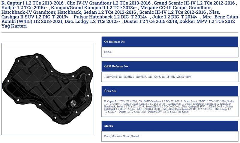 YAĞ KARTERİ RENAULT KANGOO II, MEGANE III-IV, CAPTUR, SCENIC IV CLIO IV, KADJAR, DUSTER, LODGY MERCEDES CITAN NISSAN QASHQAI