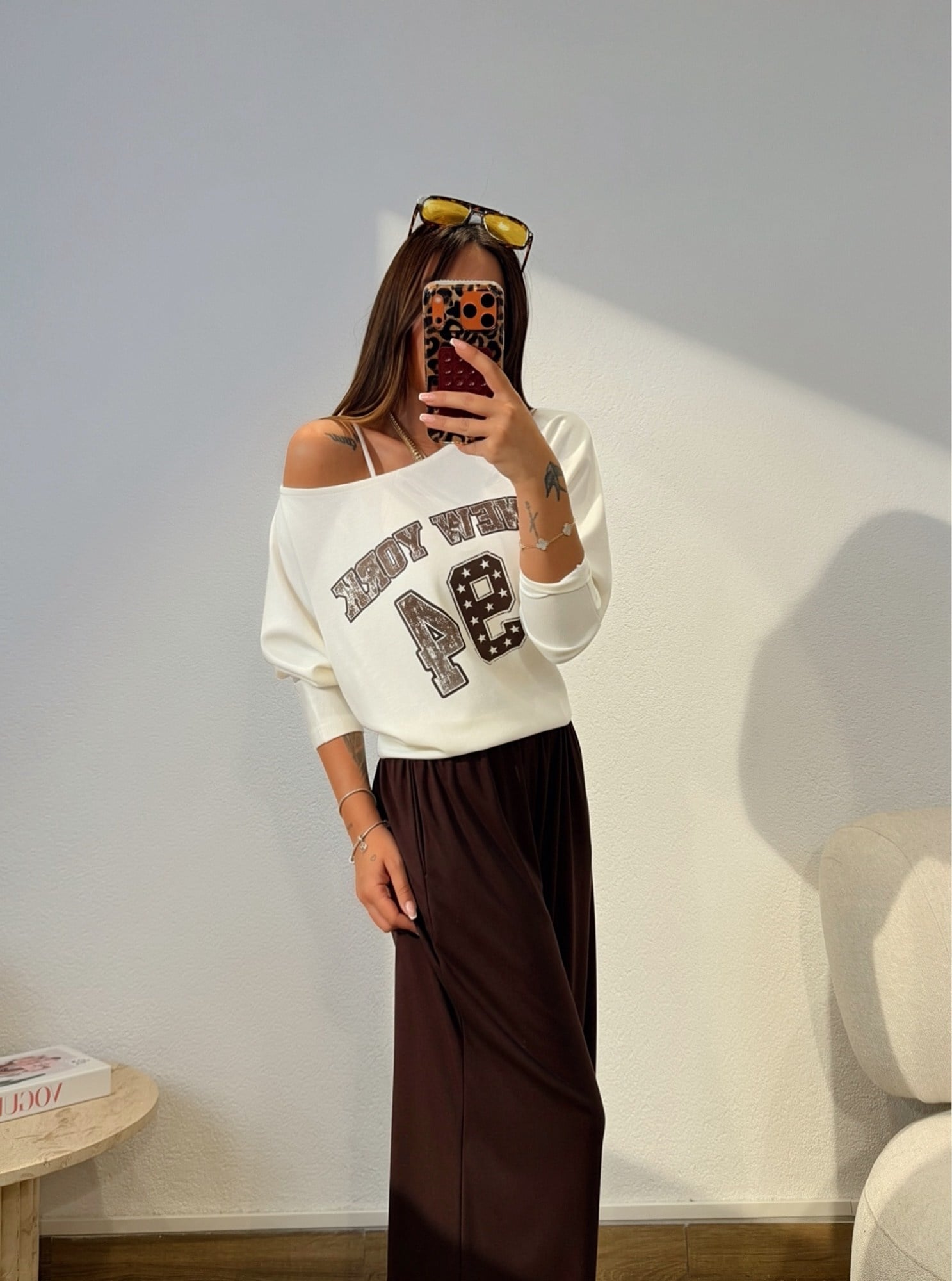  New York Düşük Omuz Modal Beyaz Sweatshirt