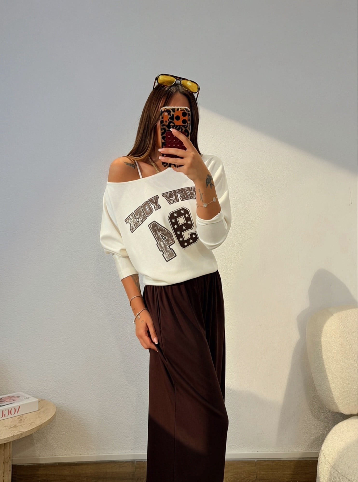  New York Düşük Omuz Modal Beyaz Sweatshirt