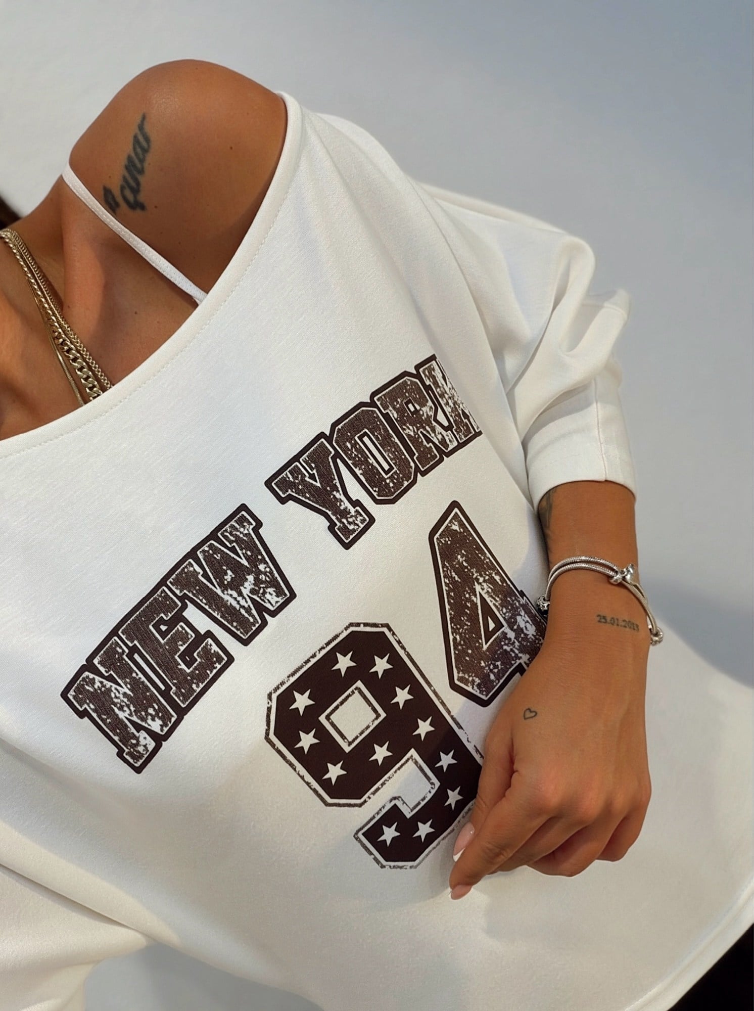  New York Düşük Omuz Modal Beyaz Sweatshirt