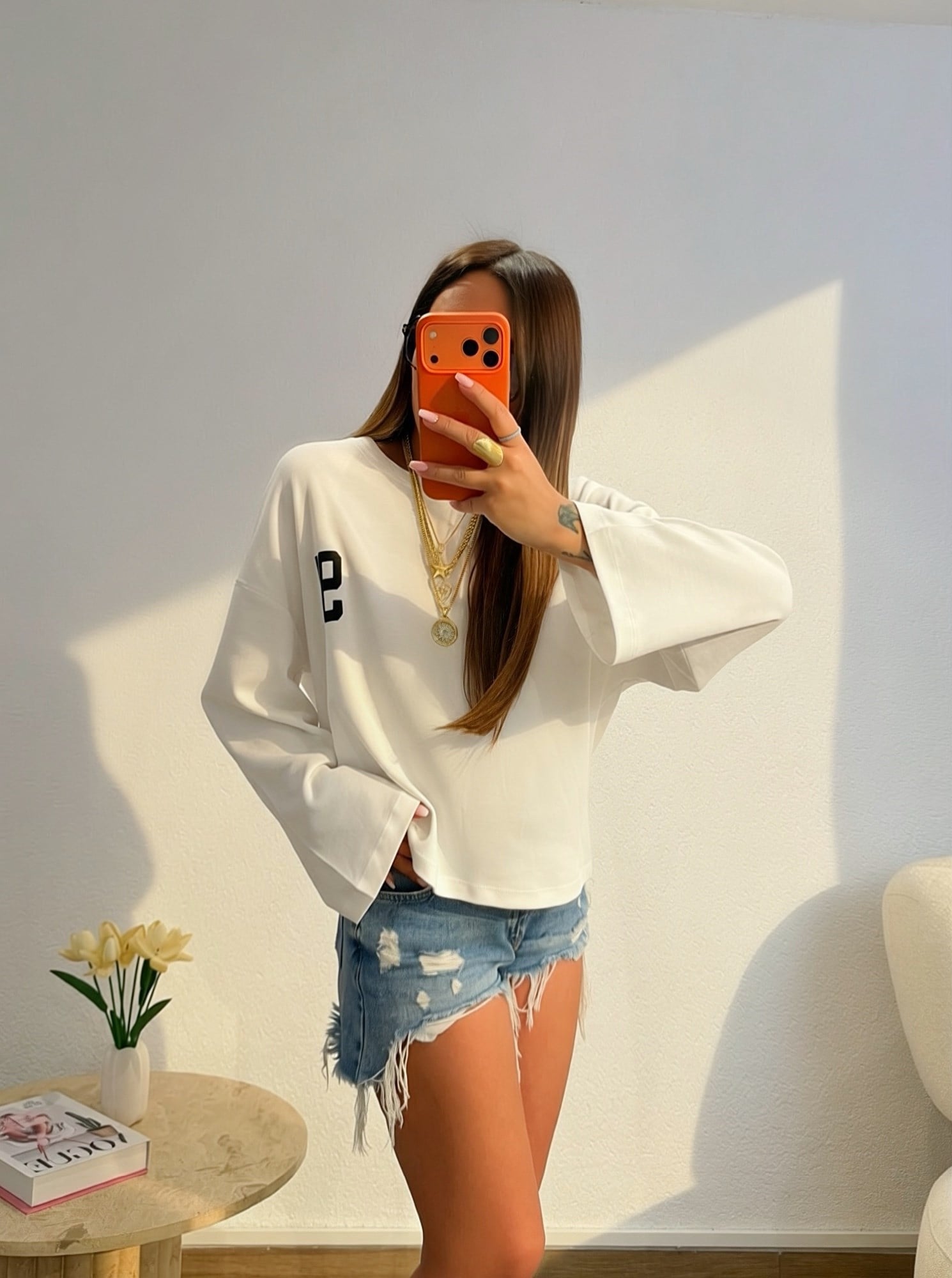 91 Baskı Uzun Kol Beyaz Salaş Tshirt