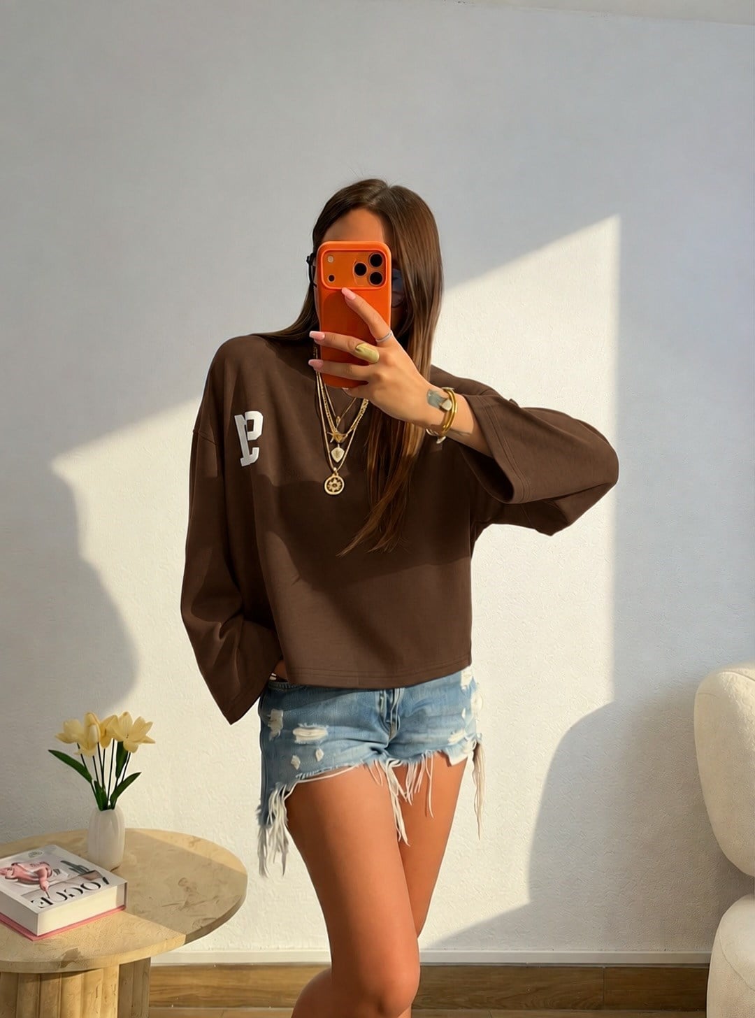 91 Baskı Uzun Kol Kahve Salaş Tshirt