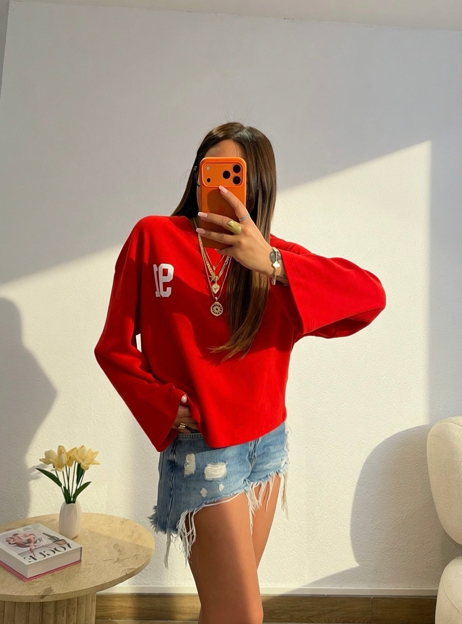 91 Baskı Uzun Kol Kırmızı Salaş Tshirt