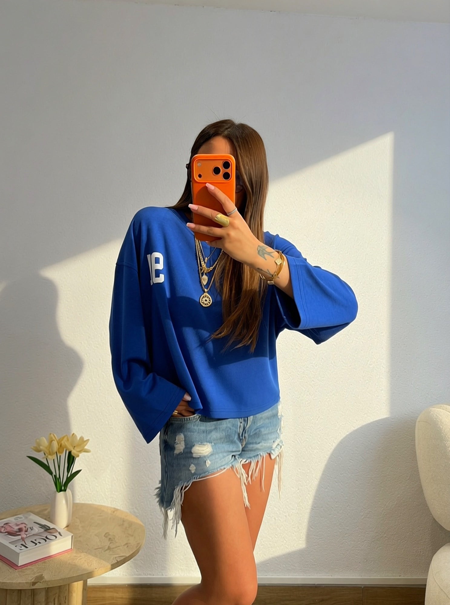 91 Baskı Uzun Kol Saks Mavi Salaş Tshirt