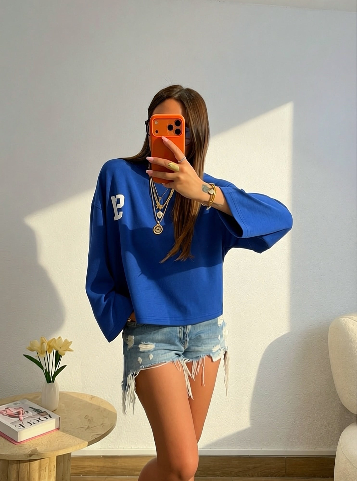 91 Baskı Uzun Kol Saks Mavi Salaş Tshirt