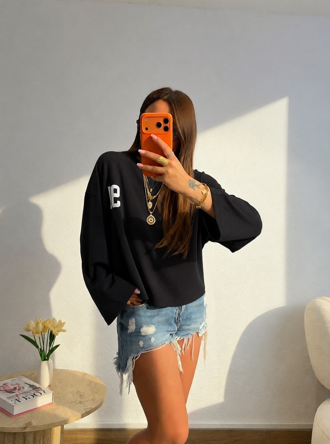 91 Baskı Uzun Kol Siyah Salaş Tshirt