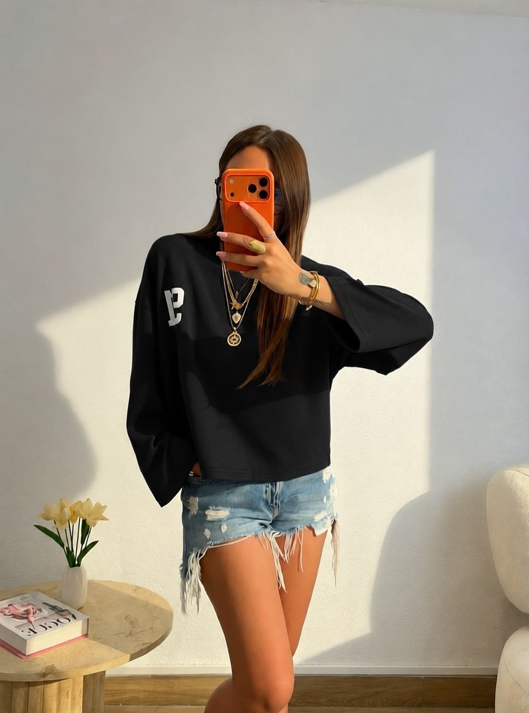 91 Baskı Uzun Kol Siyah Salaş Tshirt