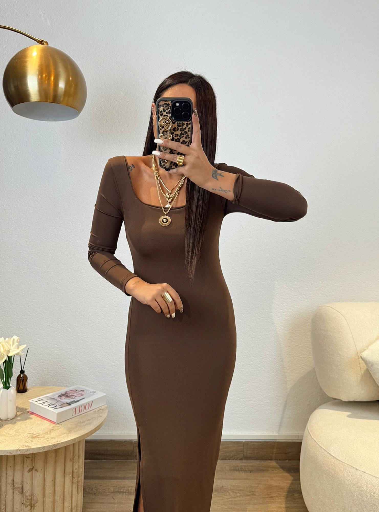 Acı Kahve Toparlayıcı Yırtmaçlı Midi Elbise