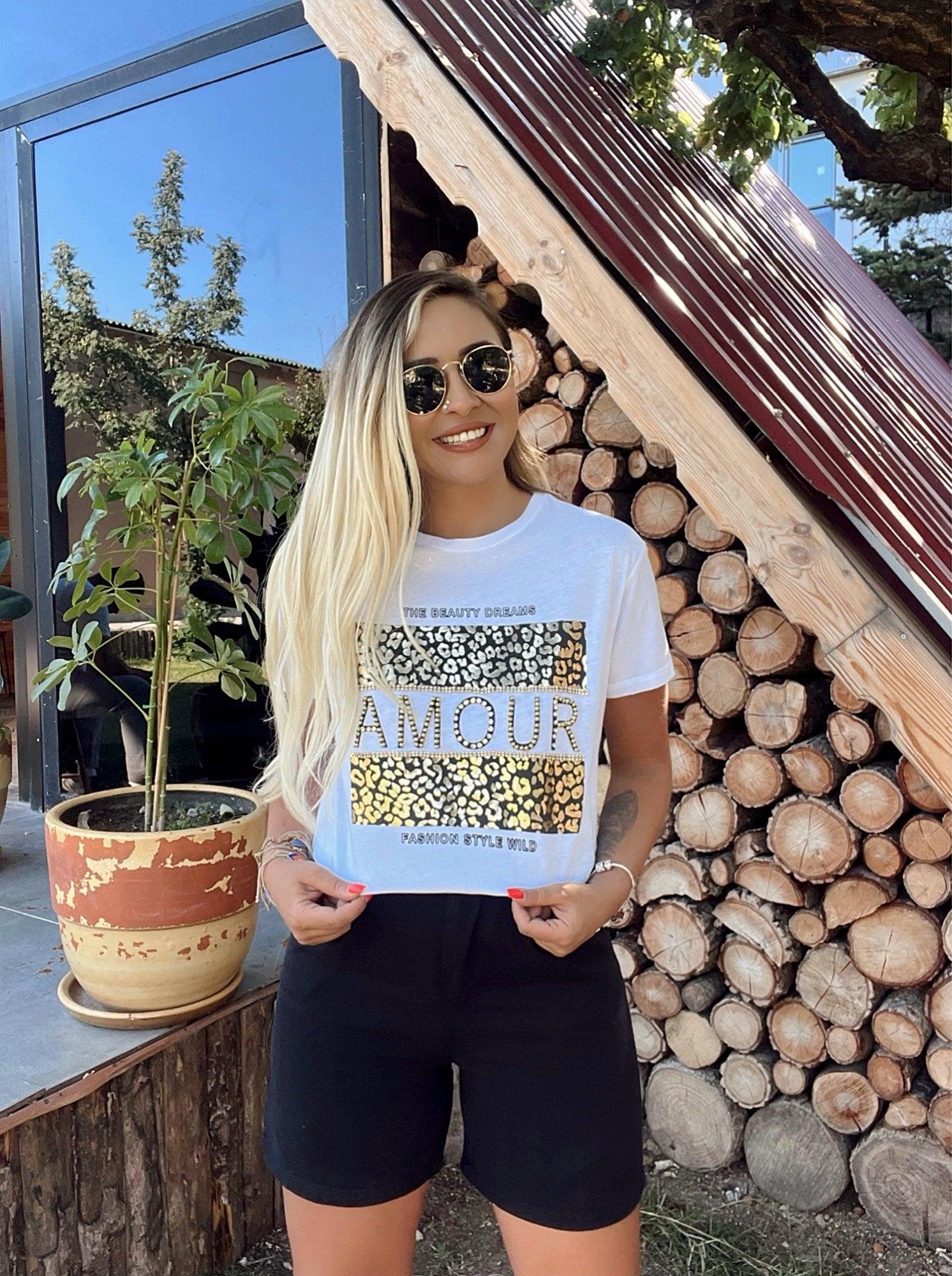 Amour Baskı Taşlı Beyaz Tshirt