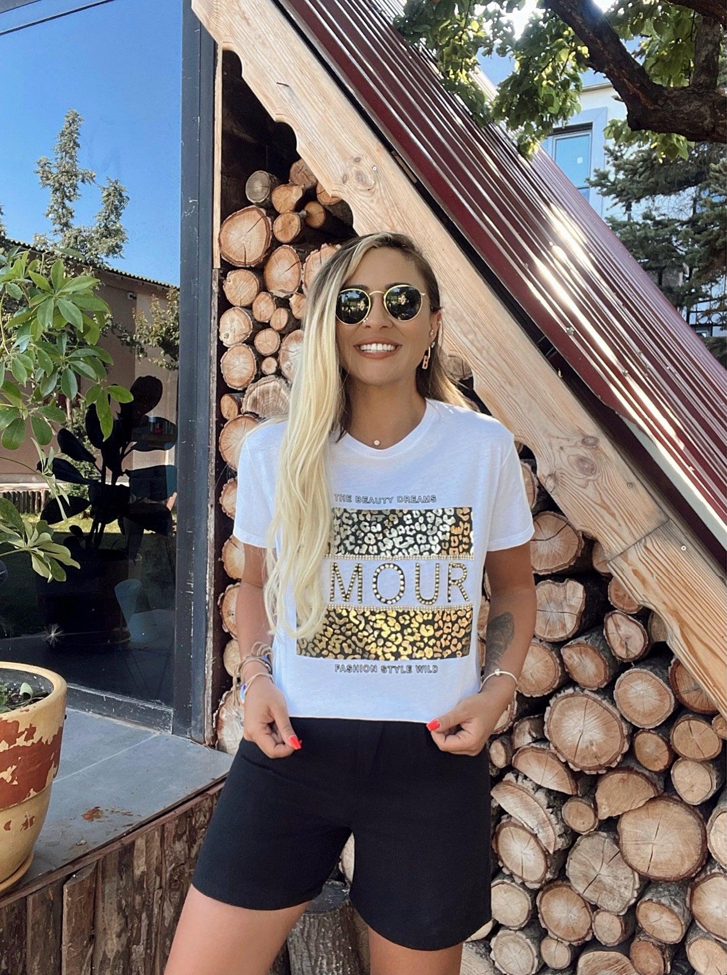 Amour Baskı Taşlı Beyaz Tshirt