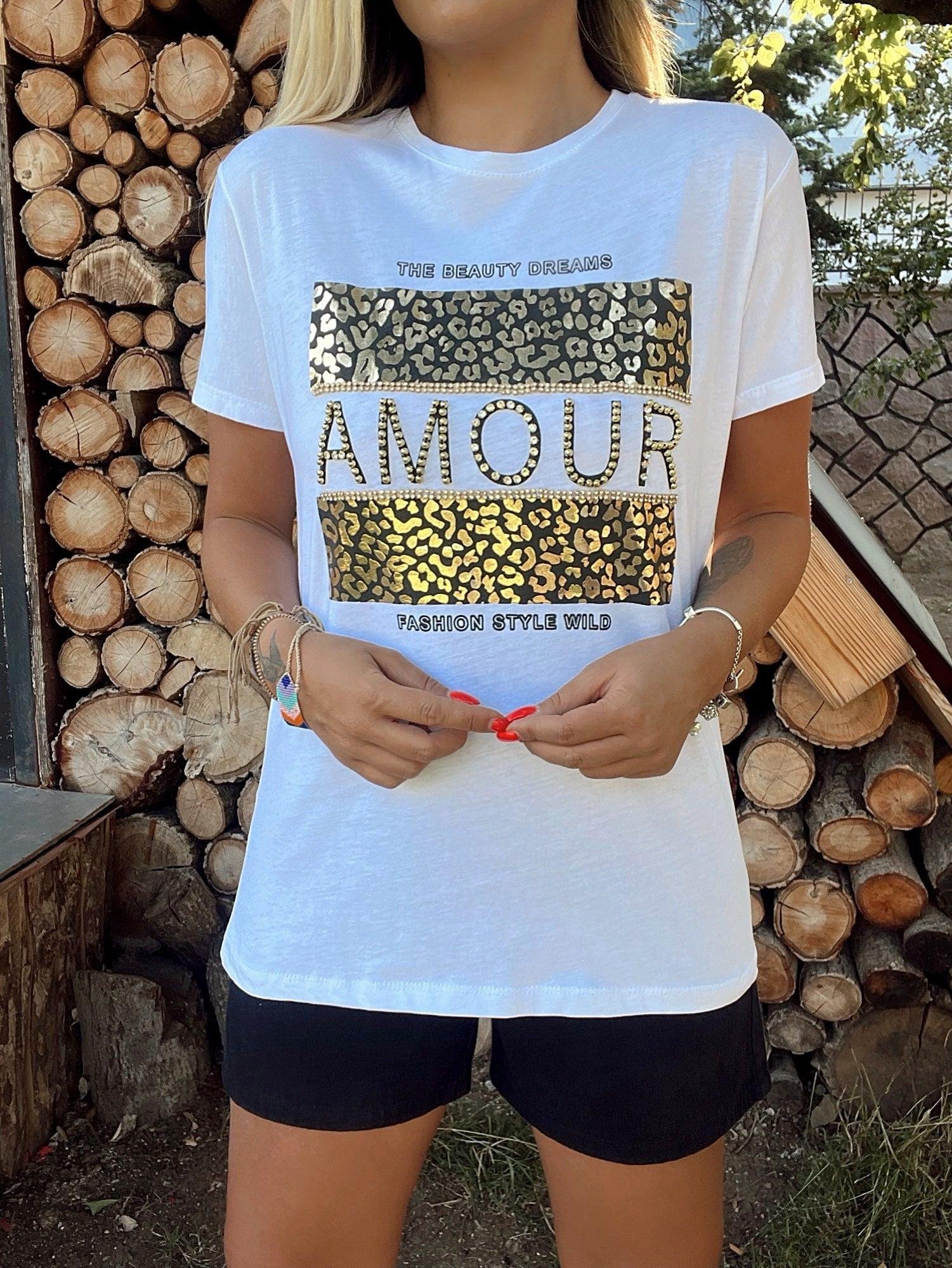 Amour Baskı Taşlı Beyaz Tshirt