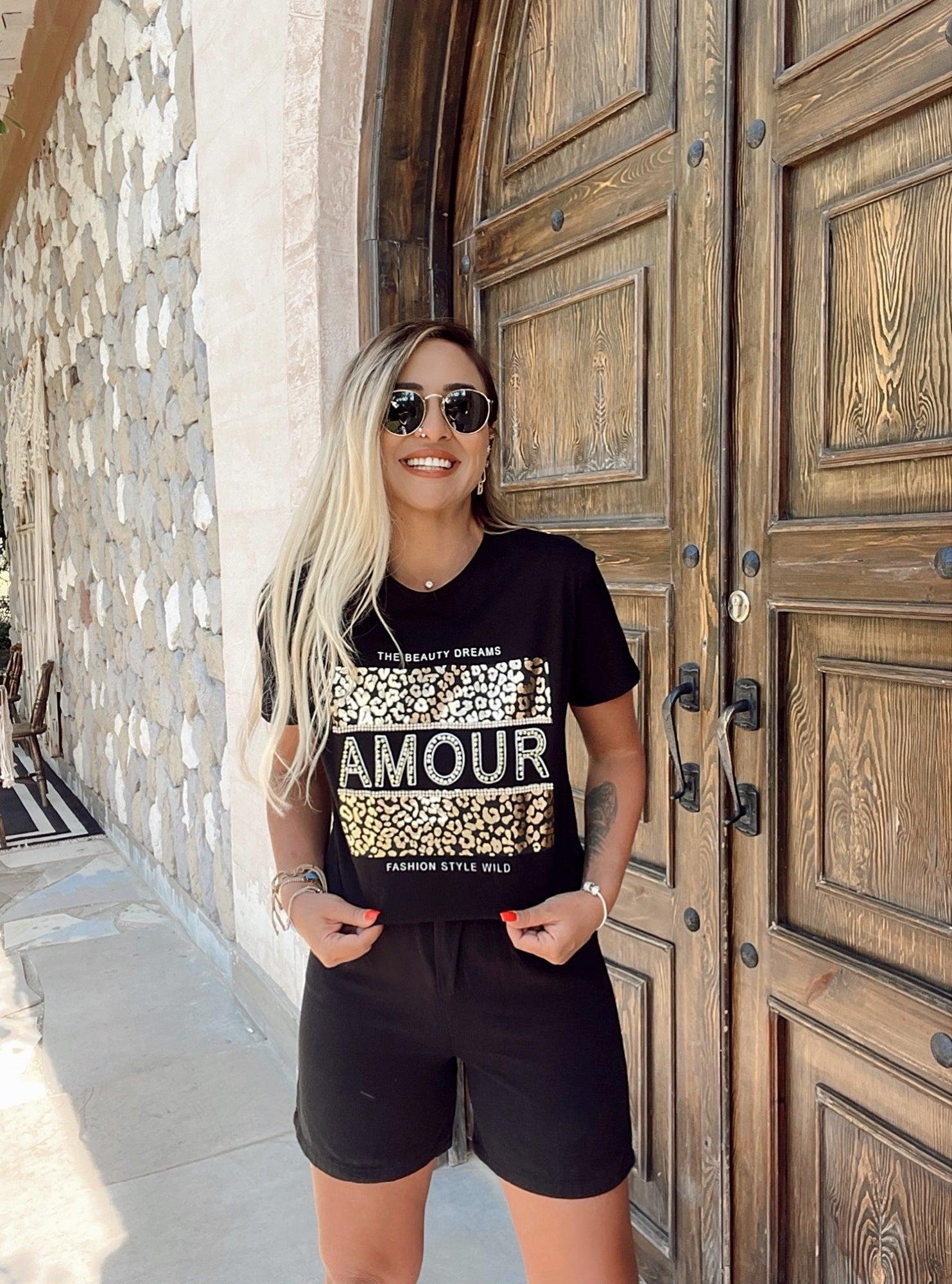 Amour Baskı Taşlı Siyah Tshirt