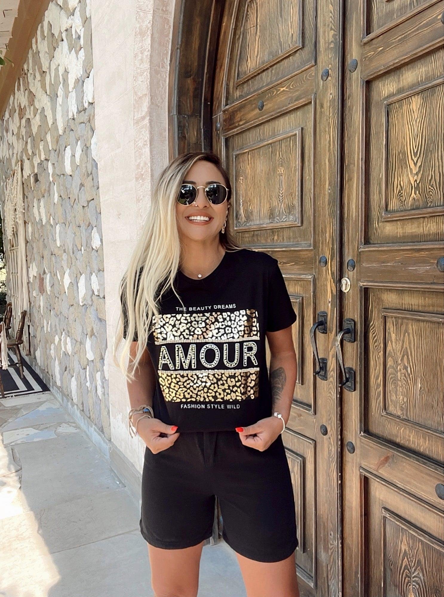 Amour Baskı Taşlı Siyah Tshirt