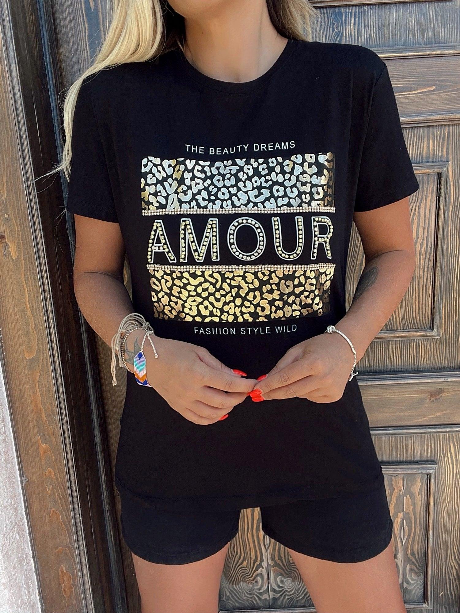 Amour Baskı Taşlı Siyah Tshirt